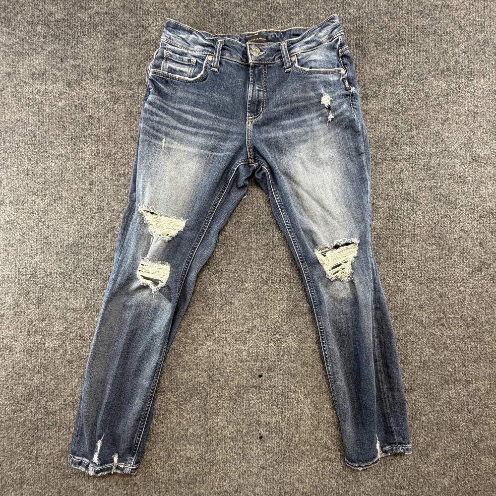 Silver Jeans Boyfriend Jeans Womens W30 L27 Blue Distressed Mid Rise Stretch
